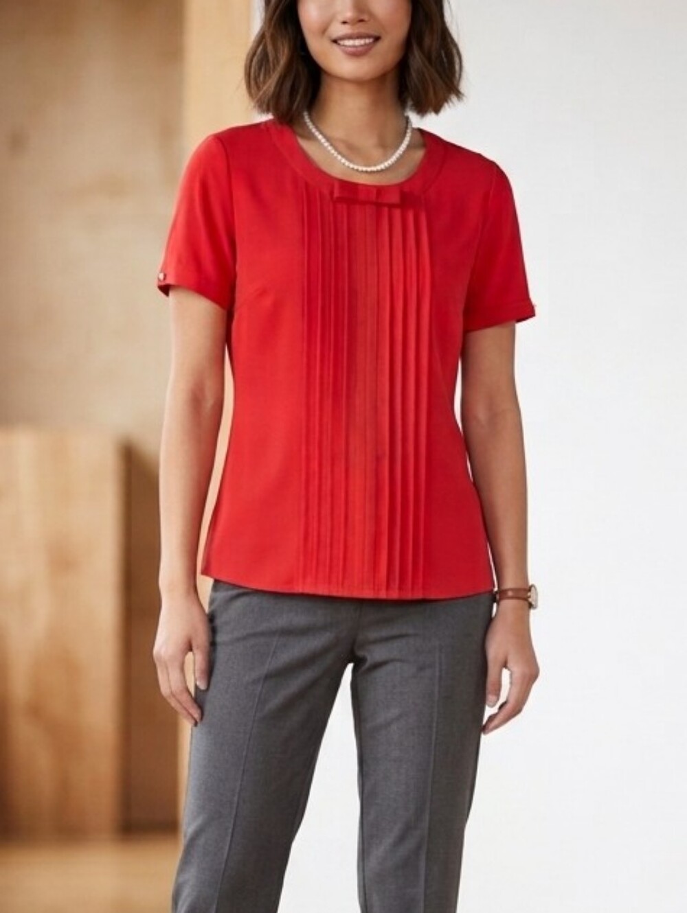 Karl Lagerfeld Red Pleated Short-Sleeve Bow Detailed Top Womens Size S